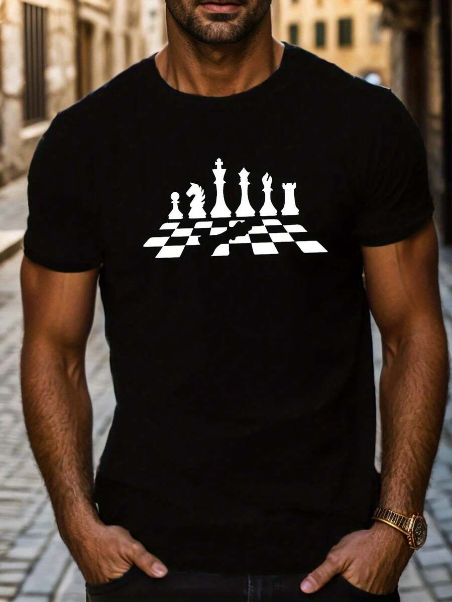 Camiseta Casual de Hombre con Estampado de Ajedrez, Poliéster Transpirable, Cuello Redondo, Manga Corta, Perfecta para el Verano, regalo perfecto para el Día del Padre, también es un regalo perfecto para amigos y la otra mitad. - Negro - Ver 1