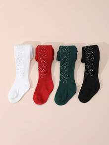 4 pares de mallas/leggings de niña con rayas verticales sólidas y brillantes de rhinestone, estilo elegante y de princesa para uso diario y festivo - Multicolor - Ver 5