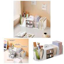 Organizador de escritorio, organizador de lpices multifuncional, soporte para bolgrafos con un soporte para libros, organizador de oficina con 2 cajones, accesorios de escritorio para oficinas - Blanco - Ver 1