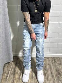 男式高弹力直筒休闲水洗做旧简约经典牛仔裤 - 藍色 - 查看 1