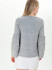 Soft, Wide-Sleeved, Flounced, Pearl-Accessed Blouse - Light Grey - View 4