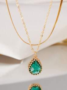 Tkool Fashionable Copper Water Drop Pendant Necklace, Inlaid With Shiny Green Cubic Zirconia On Stainless Steel Gold Wire Flattened Blade Chain, Suitable For Women's Vacation And Daily Wear - Yellow Gold - View 2