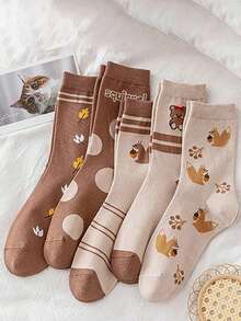 5 Pairs Women's Mid-Calf Socks, Cartoon Style, Korean Fashion Autumn/Winter, Slouch Socks, Japanese School Style Long Socks