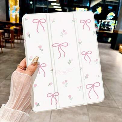 DECOPHONE 优雅粉色花朵蝴蝶结硅胶可折叠防震平板电脑保护套，带笔槽、睡眠/唤醒功能，适用于 iPad