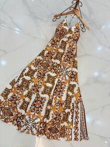 Long Dresses With 3D Multicolored Print, New Model With Tie At The Back And Bare Back - Orange - View 3