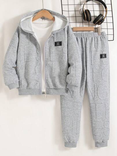 2 Stücke Set für Jungen: Lässige, einfarbige Kapuzenjacke und Hose mit Reißverschluss, Frühling/Herbst
