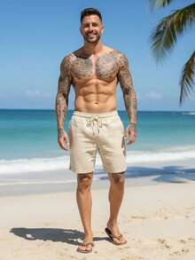 Men's Linen Shorts With Drawstring, Lightweight And Comfortable - Beis - Ver 4