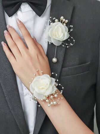 1pc/2pcs Elegant White Rose Flower With Small Beads Metal Alloy Charming Brooch And Pearl Chain Wrist Corsage, Suitable For Groom, Bride, Groomsman, Bridesmaid, Wedding, Engagement, Events, Parties, Galas, Graduations