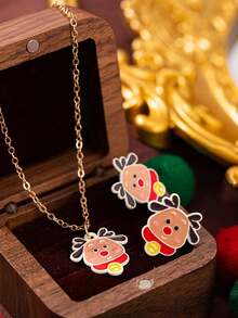 3pcs/Set Fashionable & Elegant Christmas Reindeer Pendant Earrings And Necklace Jewelry Set, Suitable For Women's Daily Wear And Christmas Decoration, Best Gift For Family, Classmates And Friends