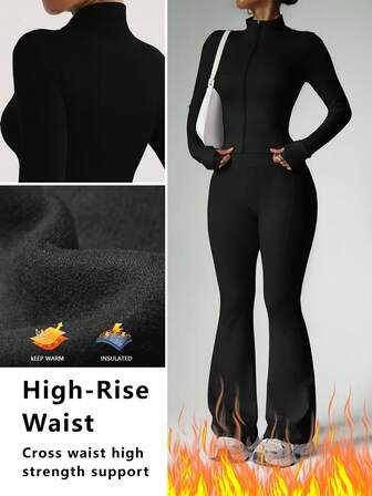 FWH Sculpting High-Waist Flare Leggings Paired With A Cozy Mock Neck Jacket Featuring Thumbholes,Street-To-Gym Fleece Collection,High-Neck Thumbhole Jacket & High-Waist Flare Pants,Women's 2 Pieces Thermal Lined Set