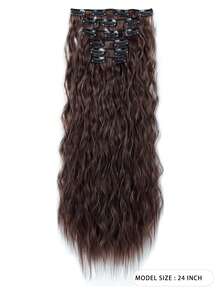 6 piezas de extensiones de cabello sintético ondulado tipo cola de sirena de 24 pulgadas de largo, adecuadas para mujeres, color marrón oscuro - Marron oscuro - Ver 3