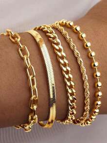 5pcs Minimalist Multi-Layer Chain Bracelet, Bohemian Metal Chain Jewelry Set For Women
