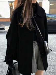 Women's Casual Overcoat, Ladies' Outerwear, Women's Autumn/Winter Jacket, Women's Coat, Mid-Length Solid Color Woven Fabric Front Button Closure Jacket For Daily, School, Office, Brunch, Autumn/Winter - Black - View 1