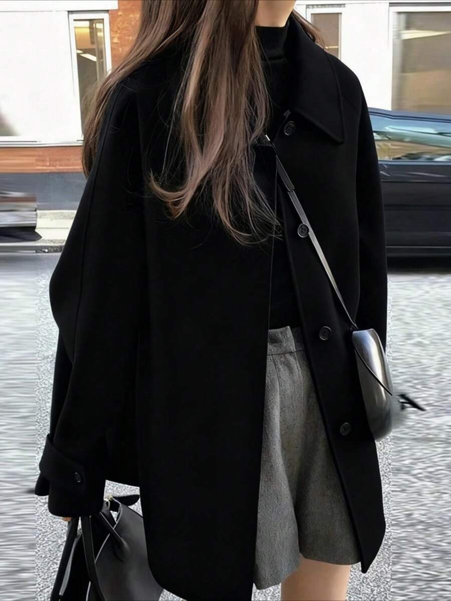 Women's Casual Overcoat, Ladies' Outerwear, Women's Autumn/Winter Jacket, Women's Coat, Mid-Length Solid Color Woven Fabric Front Button Closure Jacket For Daily, School, Office, Brunch, Autumn/Winter - Black - View 1