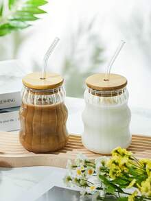 1个，550毫升波浪纹圣诞玻璃咖啡杯，带盖和吸管，耐热玻璃杯，圣诞礼物，冰咖啡，奶茶，多用途玻璃杯，圣诞装饰，节日饮具，圣诞马克杯，玻璃杯 - 無色 - 查看 6