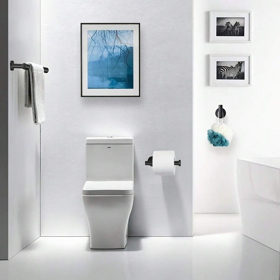 5-Piece Stainless Steel Bathroom Hardware Set: Creative Toilet Paper Holder + Single Bar Towel Rack + Hook Combination, Highly Attractive + Strong Storage, Renew Your Bathroom Space - Black - View 1