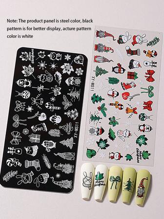 1pc Cute Cartoon Animals Nail Art Stamping Plate Penguin Cute Rabbit, Santa Claus Christmas Tree Maple Leaf Bow Wniter Xmas Design Y2K Style Printing Template Nail Art Accessory Tool, Manicure Salon, Nail Supply