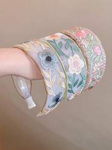 3 piezas Diademas con bordado de flores de estilo retro chino para niñas, tocado de tela floral de ala ancha