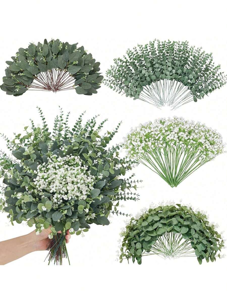 120 Pcs 4 Kinds Mixed Eucalyptus Greenery Stems, Baby Breath Flowers Artificial Bulk And Greenery Stems For DIY Bouquets Wedding Home Floral Decor