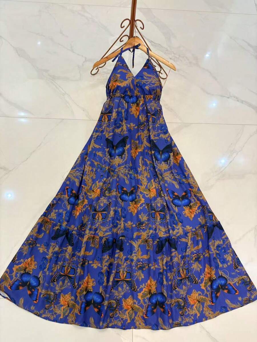 Long Dresses With 3D Multicolored Print, New Model With Tie At The Back And Bare Back - Dark Wash - View 1