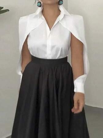 Women's Solid Color Split Long Sleeve Single-Breasted Casual Shirt, Spring/Summer