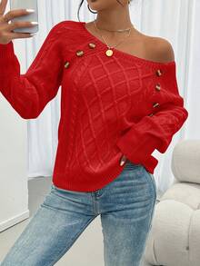 Women's Elegant Striped Sweater - Soft Crew Neck Long-Sleeve Pullover With Decorative Buttons, Medium Stretch, Machine-Washable, Comfortable Autumn & Winter Top Suitable For Casual Or Formal Outfits, Cute Sweater - 紅色 - 查看 3