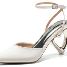 Womens Kitten Heels Closed Pointed Toe Heart Heel Ankle Strap Satin Pumps Wedding Prom Dress Shoes - 白色 - 查看 2