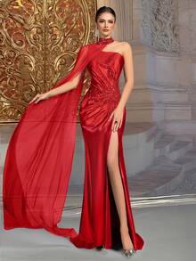 VIPGIRL Nuevo vestido de gala elegante y lujoso para mujer con cuello asimétrico rojo, fruncido en la cintura, parches de lentejuelas y diseño de hombros drapeados para fiestas de noche