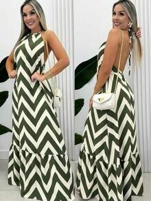 Women's Long Zig Zag Dress With Halter Neck And Back - Green - View 1