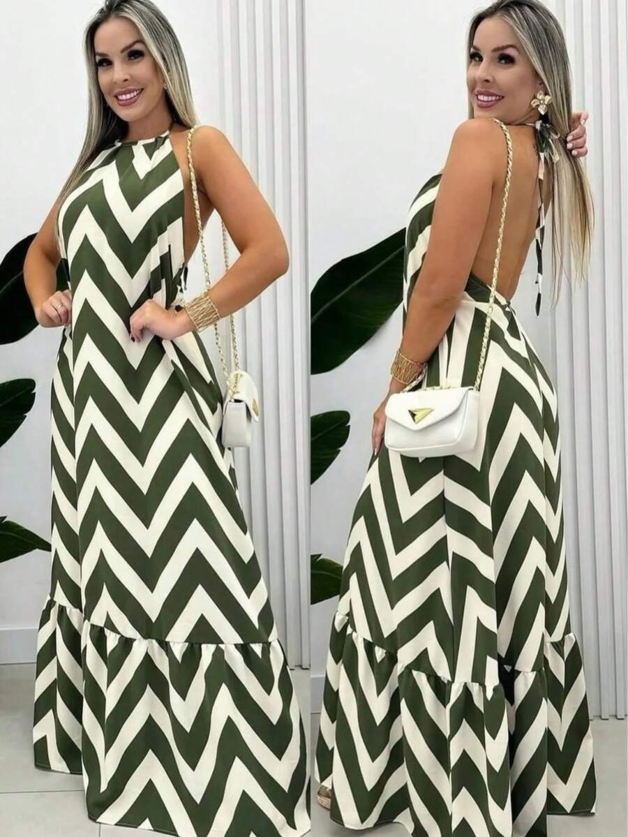 Women's Long Zig Zag Dress With Halter Neck And Back - Green - View 1