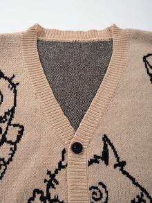 Men's Loose Casual Cute Patchwork Kitten Jacquard V-Neck Button Long Sleeve Drop Shoulder Cardigan Sweater Jacket, Autumn/Winter - Brown - View 8
