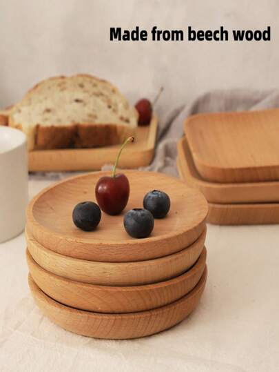 1 pieza Plato de 12cm de estilo japonés de madera de haya sólida, plato de postre, utensilios de cocina para hornear comida occidental, plato cuadrado/redondo y posavasos