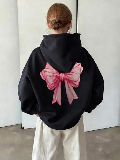 1件少女休闲印花套头卫衣，保暖内衬，长袖，秋冬季