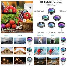 Kit de Lentes para Celular, 6en1 Lentes de Cmara para Telfono, Gran Angular de 140, Macro 25x, Ojo de de 205, CPL, Filtro Estrella, Filtro ND, Lentes Compatible con, - inicial - Ver 1