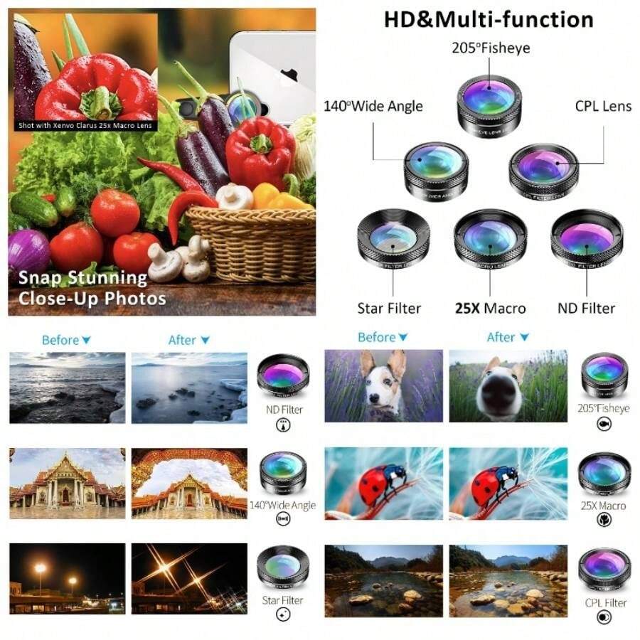 Kit de Lentes para Celular, 6en1 Lentes de Cmara para Telfono, Gran Angular de 140, Macro 25x, Ojo de de 205, CPL, Filtro Estrella, Filtro ND, Lentes Compatible con, - inicial - Ver 1