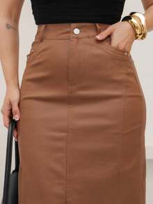 Resin Midi Skirt - With Slit - Mocha Brown - View 2