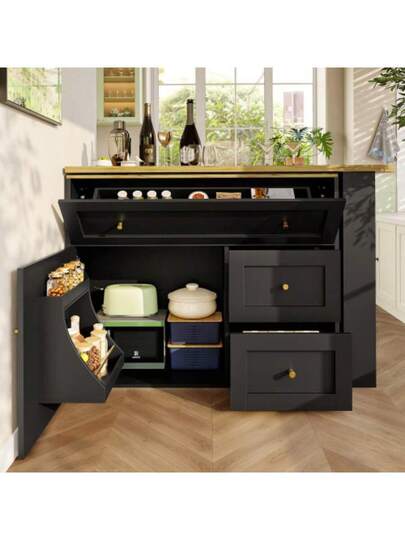 Extendable Bar Tafel Storage Space (138 204*39*105cm), Kitchen Cabinet, Sideboard Snack Shelf, Telescopic Table, High Bistro Isl Zwart view 5