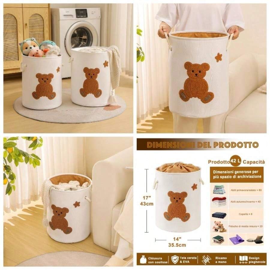 Cesto Ropa Sucia Cesta Ropa Sucia, Cesta de Juguetes Cesto Colada con Asa, Cubo Ropa Sucia para Lavadero Habitacin Infantil Salon Bao, Cestos para la Colada Juguete Jirafa - Oso - Ver 1