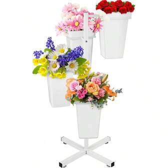 Flower Display Stand With Buckets, Metal Flower Bar Stand Rustic Farmhouse Florist Bouquet Holder Flower Cart Display Shelf Outdoor Patio Garden Wedding Decor Square