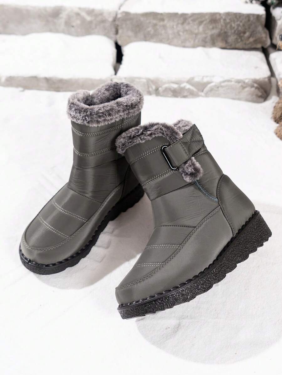 女士户外雪地靴,保暖内衬,厚底,中筒,圆头,平跟,加大码 36-45,防水防滑,高帮,防寒,中年靴,黑色 - 灰色 - 查看 1