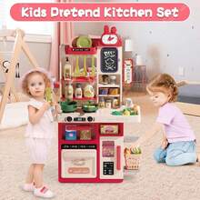 Red Kids Play Kitchen Set, Toddler Kitchen Playset With Sound & Light, Cooking Stove With Steam, Play Sink, Play Food Toy And Kitchen Accessories, Pretend Kitchen Toy For Kids Girls Boys