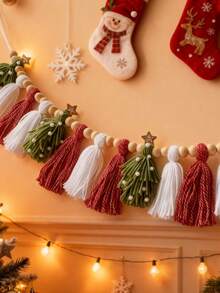 1 PIEZA Guirnalda de cuentas de madera con borlas, decoración de pared estilo bohemio, decoración navideña para el hogar, decoración de pared, decoración de fiesta, decoración de otoño, 2025, decoración de pared