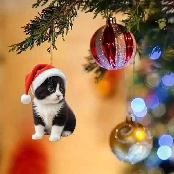 Christmas Tree Cat Ornaments | Tuxedo Christmas Decoration Cat Ornament Set | Cute Kitten Ornaments For Christmas Decorations | The Best Happy New Year Pet Hanging Tree Gift For Cat Moms And Dads, Christmas Hat, Cute Kitten Pendant Acrylic
