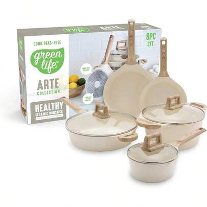 Arte 8 Piece Ceramic Nonstick Cookware Pots And Pans Set Induction Suitable PFOA And PFAS Free Wood Print Handles Glass Lids Stock Saucepans And Frying Pans Dishwasher  Speckled Cream