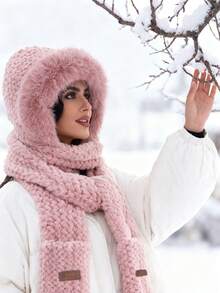 1Pc Women's Winter Warm Plush Hood, Scarf And Gloves Set, Winter Warm Scarf And Beanie Hat Set, Soft And Thick Warm Lining, Ear Protection, Striped Craft Beanie Hat, Foldable Design, Cross Neck Warm Hat, Solid Cartoon Bear Design Fluffy Hat Adds Fashion Sense And Cute Winter And Autumn Valentines Gift