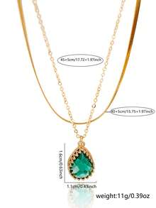 Tkool Fashionable Copper Water Drop Pendant Necklace, Inlaid With Shiny Green Cubic Zirconia On Stainless Steel Gold Wire Flattened Blade Chain, Suitable For Women's Vacation And Daily Wear - Yellow Gold - View 3