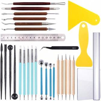 30Pcs Carving Modeling Clay Sculpting Tool Set Including Ball Stylus DualEnd Dotting Clay Tool Pottery Sculpture Tool Silicone Tip Pens Scraper Ruler Acrylic Clay Roller Acrylic Sheet