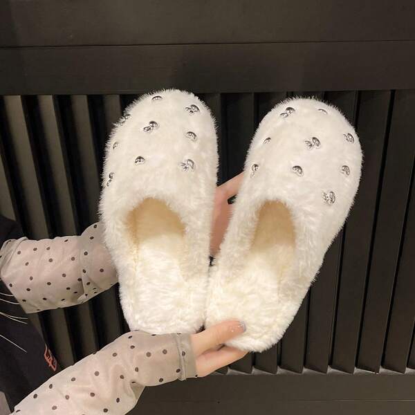 2025 Nuovi ciabatte invernali con strass e pelliccia, ciabatte da casa piatte alla moda con una fascia, per donne