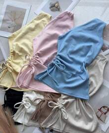 Asymmetrical Draped Blouse, Summer Launch, Candy Color, Ribbed, Mule Sleeve, Simple Cut And Sew, Ruffle Hem, Beach - Màu be - Xem 2