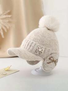 New Autumn-Winter Style Small-Chic Pearl Bow Knitted Hat, Suitable For All Occasions, Girl Large Head Cover With Ear Ion, Knitted Hat